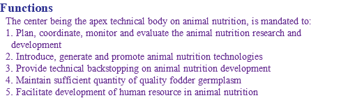 Functions The center being the apex technical body on animal nutrition, is mandated to: 1. Plan, coordinate, monitor and evaluate the animal nutrition research and development 2. Introduce, generate and promote animal nutrition technologies 3. Provide technical backstopping on animal nutrition development 4. Maintain sufficient quantity of quality fodder germplasm 5. Facilitate development of human resource in animal nutrition 