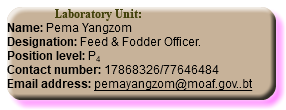  Laboratory Unit: Name: Pema Yangzom Designation: Feed & Fodder Officer. Position level: P4 Contact number: 17868326/77646484 Email address: pemayangzom@moaf.gov..bt